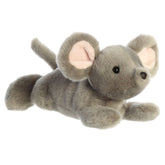 A gray mouse plush from Mini Flopsie by Aurora with pink ears and an adorable expression.